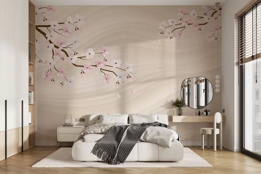murales de pared Ramas de sakura sobre fondo ondulado de arena w08959