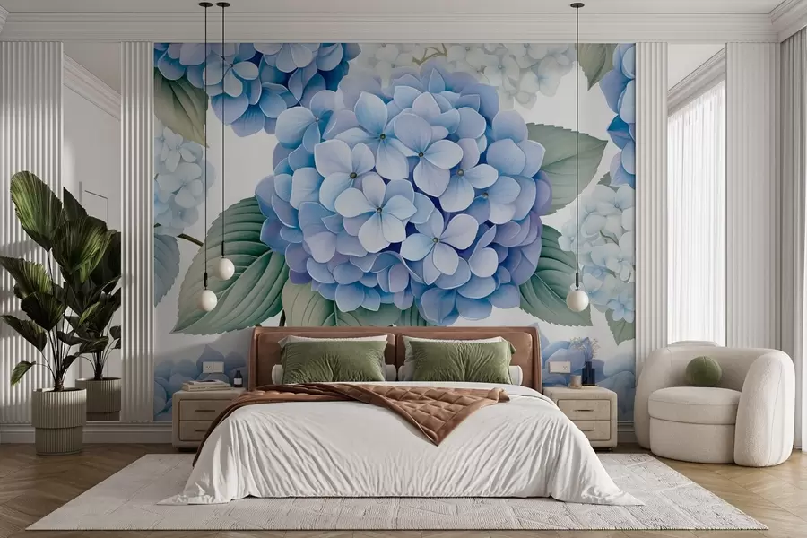 murales de pared Composición con delicadas hortensias azules y hojas w08961