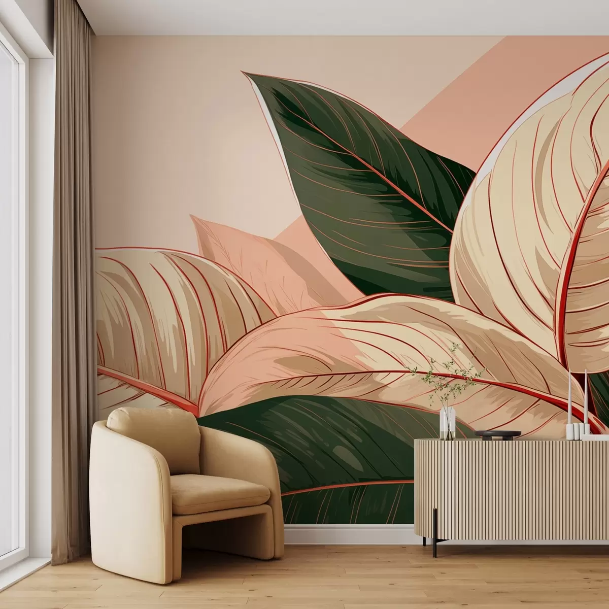 murales de pared Hojas tropicales grandes verde-beige con un fragmento rosa w08970