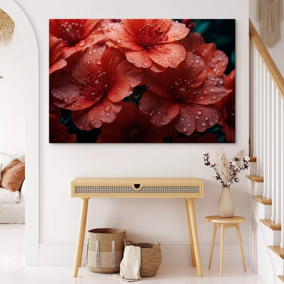 murales de pared Flores rojas con gotas de rocío s43878