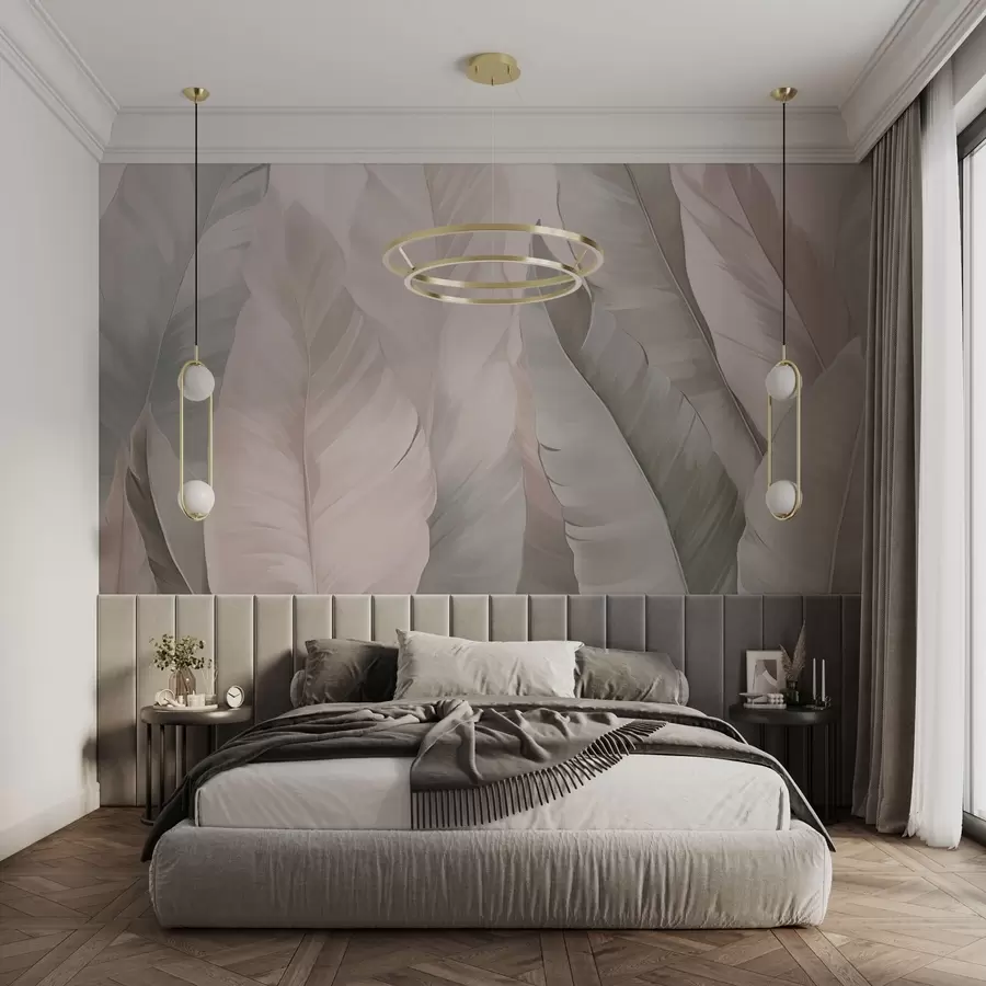 murales de pared Delicado follaje tropical rosa y verde w03598v1