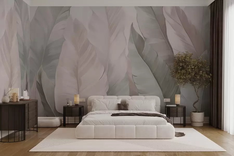 murales de pared Delicado follaje tropical rosa y verde w03598v1