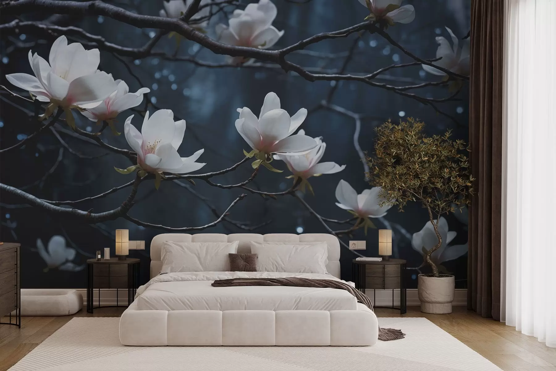 murales de pared Árbol en flor con ramas sobre fondo oscuro w03604