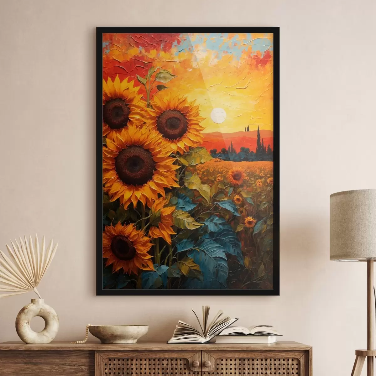 Poster Campo de girasoles al atardecer f43460