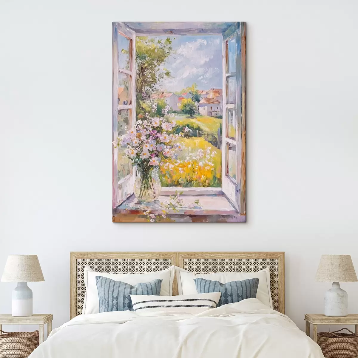 murales de pared Verano en el pueblo, rústico, dibujo al óleo, flores en jarrón s43889