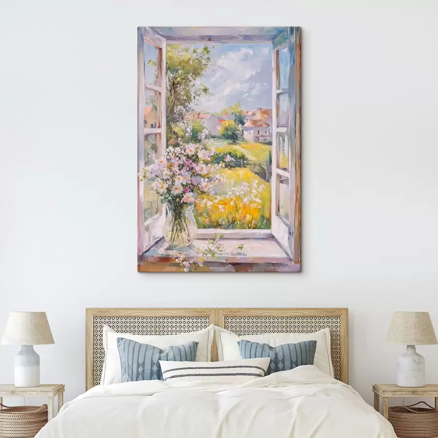 murales de pared Verano en el pueblo, rústico, dibujo al óleo, flores en jarrón s43889