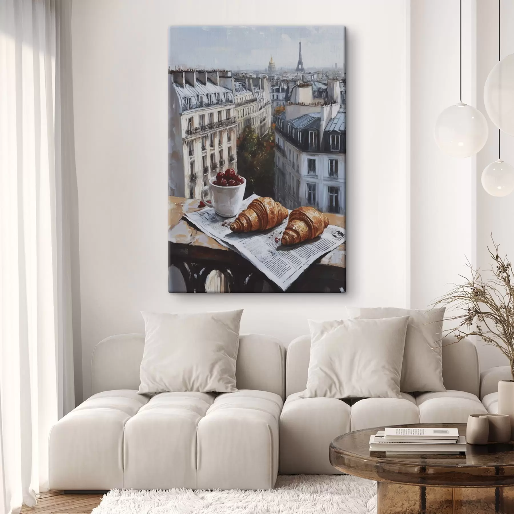 murales de pared París por la mañana, café con croissants, vista de la ciudad, dibujo al óleo s43892