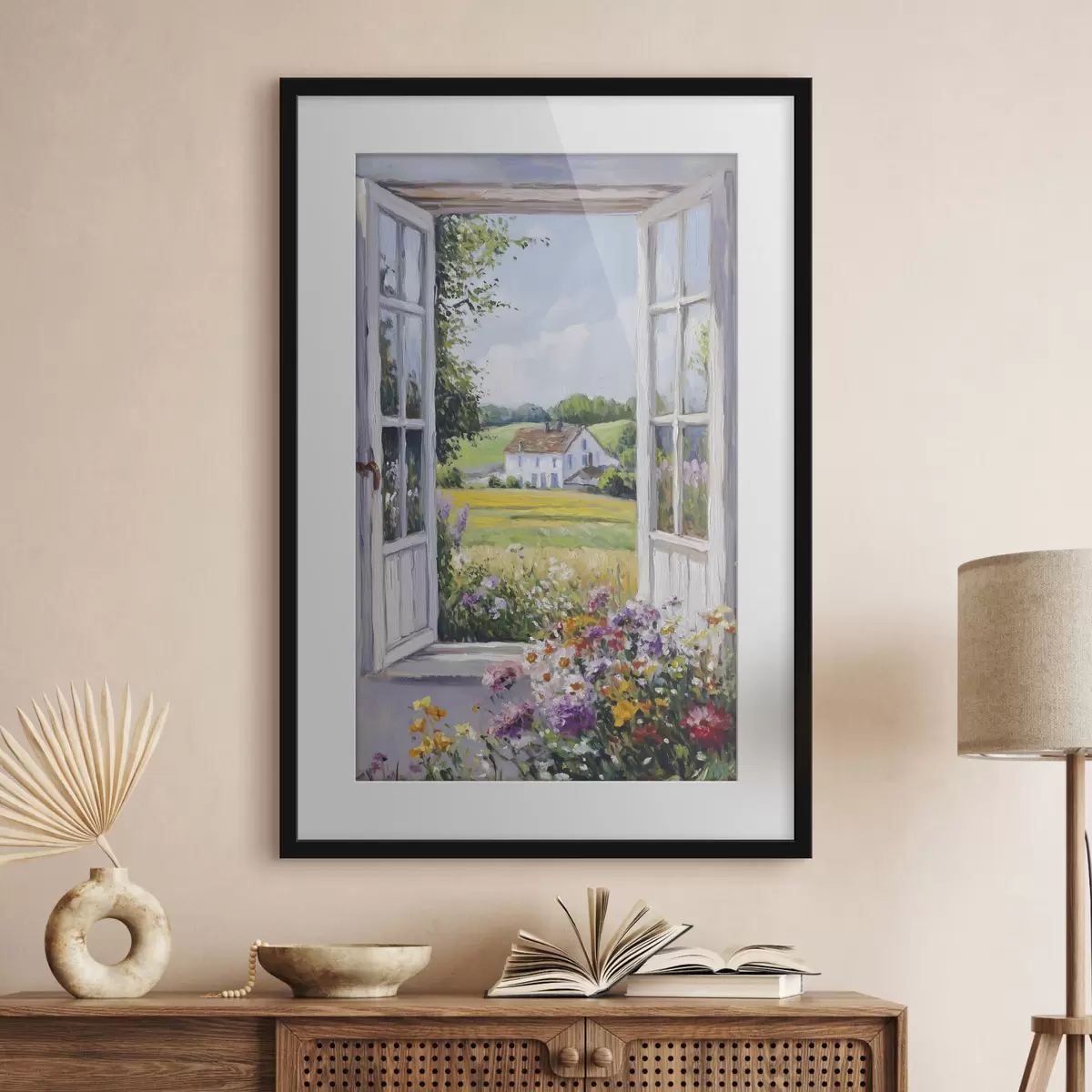 Poster Paisajes de pueblo en la ventana de madera, flores, campos, estilo de aceite, casa de campo f43888