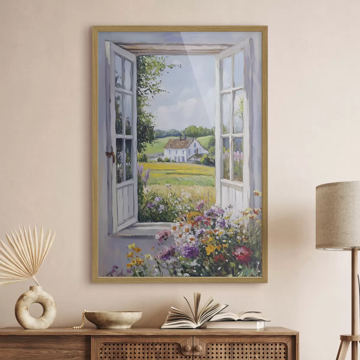Poster Paisajes de pueblo en la ventana de madera, flores, campos, estilo de aceite, casa de campo f43888