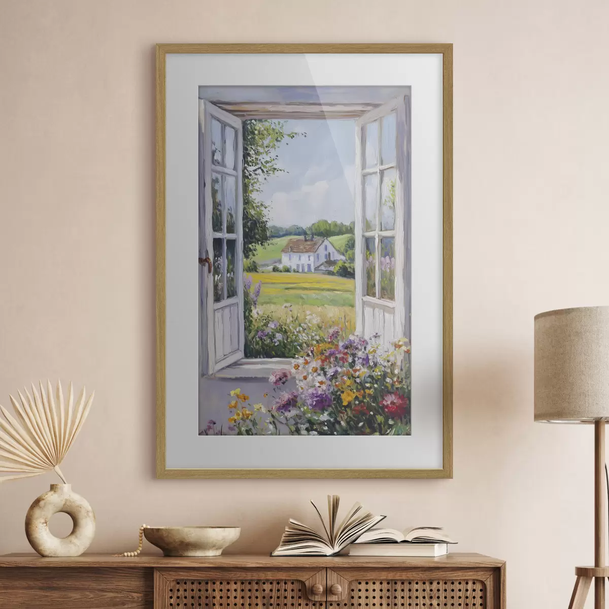 Poster Paisajes de pueblo en la ventana de madera, flores, campos, estilo de aceite, casa de campo f43888