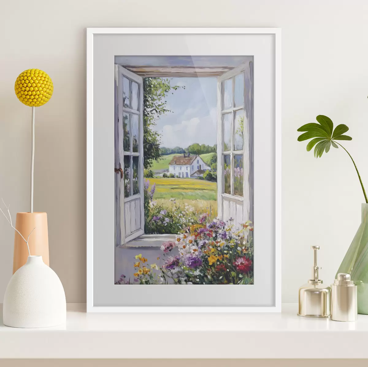 Poster Paisajes de pueblo en la ventana de madera, flores, campos, estilo de aceite, casa de campo f43888