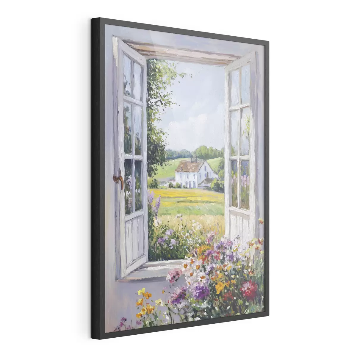 Poster Paisajes de pueblo en la ventana de madera, flores, campos, estilo de aceite, casa de campo f43888