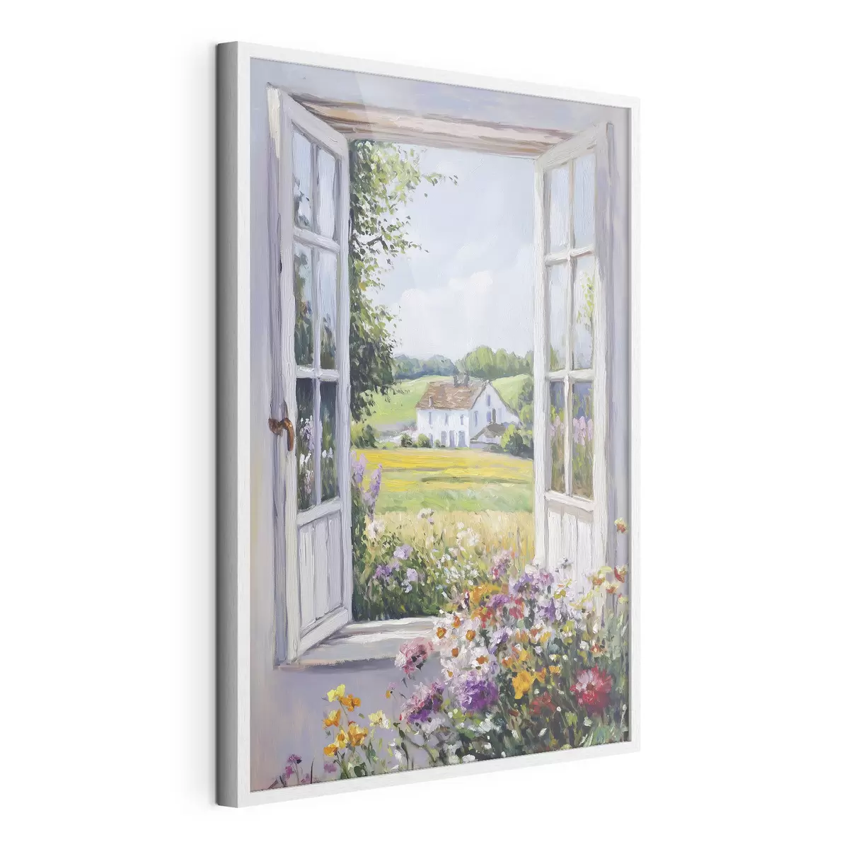 Poster Paisajes de pueblo en la ventana de madera, flores, campos, estilo de aceite, casa de campo f43888