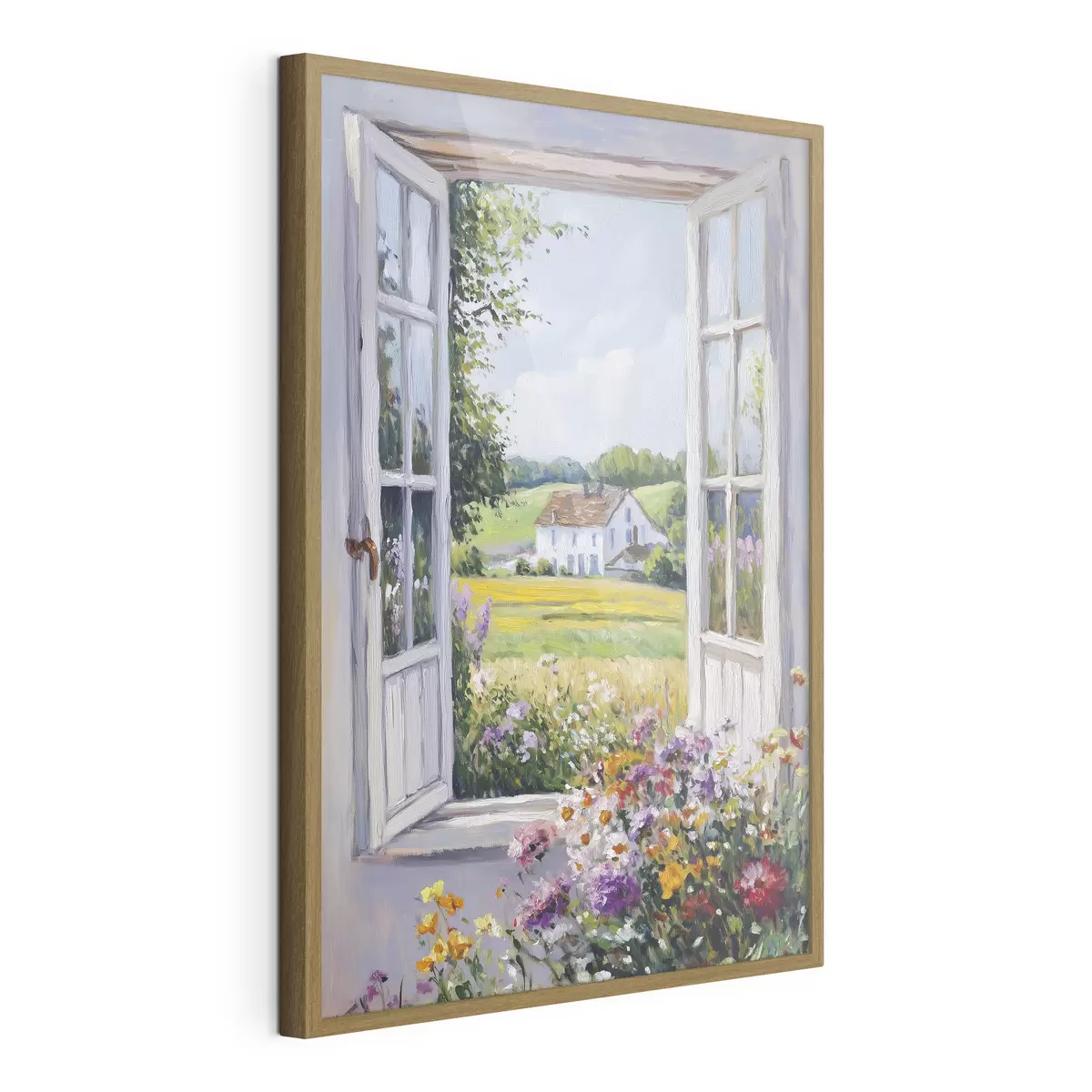 Poster Paisajes de pueblo en la ventana de madera, flores, campos, estilo de aceite, casa de campo f43888