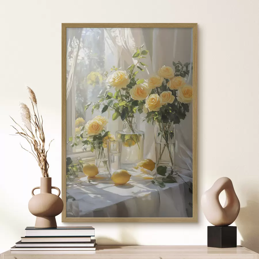 murales de pared Rosas en jarrones, dibujo al óleo, suave luz solar, limones, primavera f43887