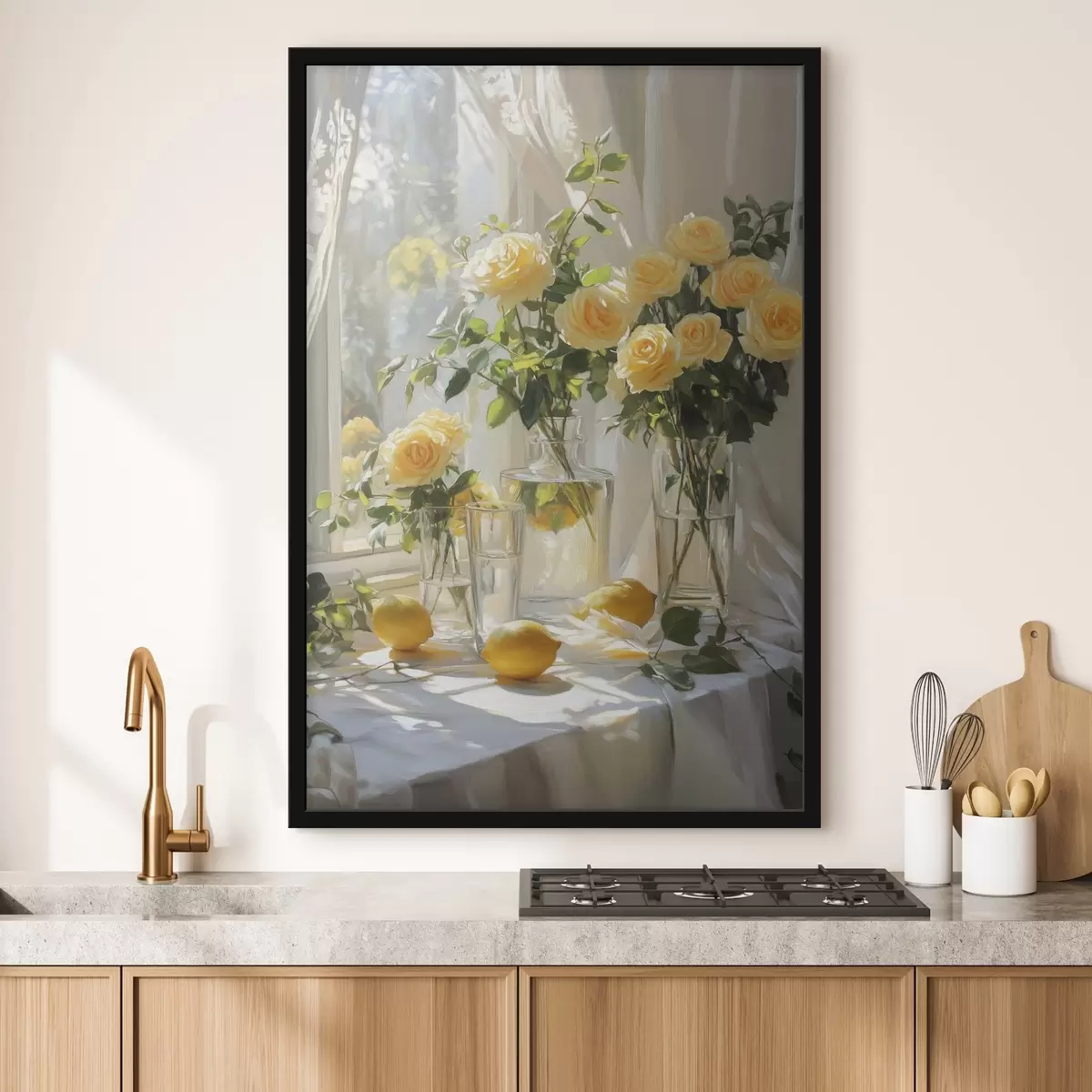 Poster Rosas en jarrones, dibujo al óleo, suave luz solar, limones, primavera f43887
