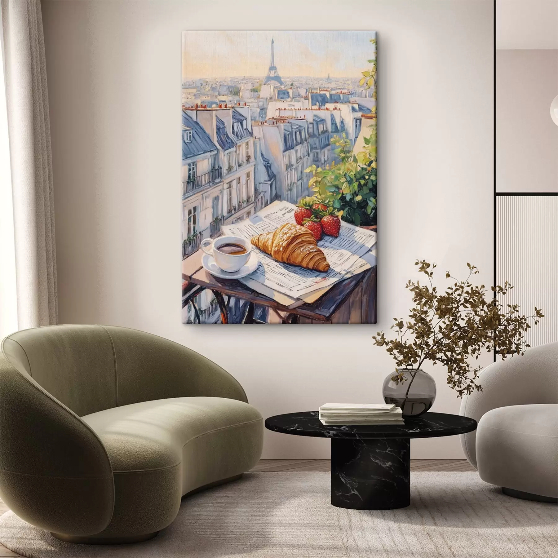 murales de pared Amanecer en el balcón de París, Torre Eiffel, fresas, café, diario s43890