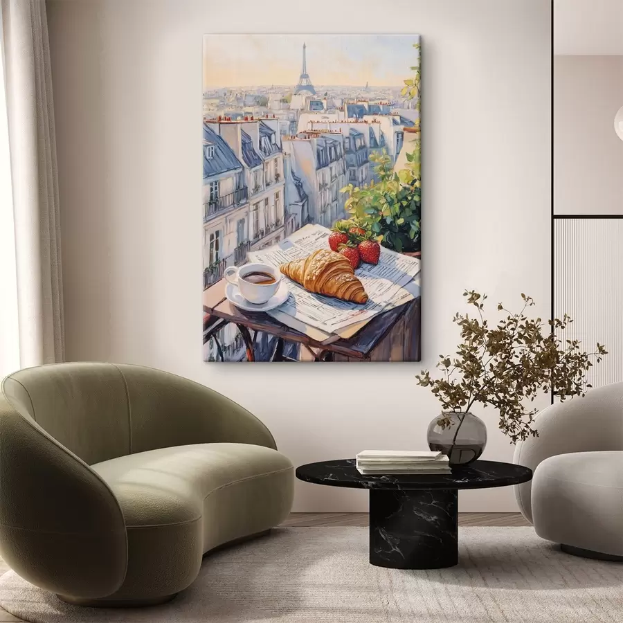 murales de pared Amanecer en el balcón de París, Torre Eiffel, fresas, café, diario s43890