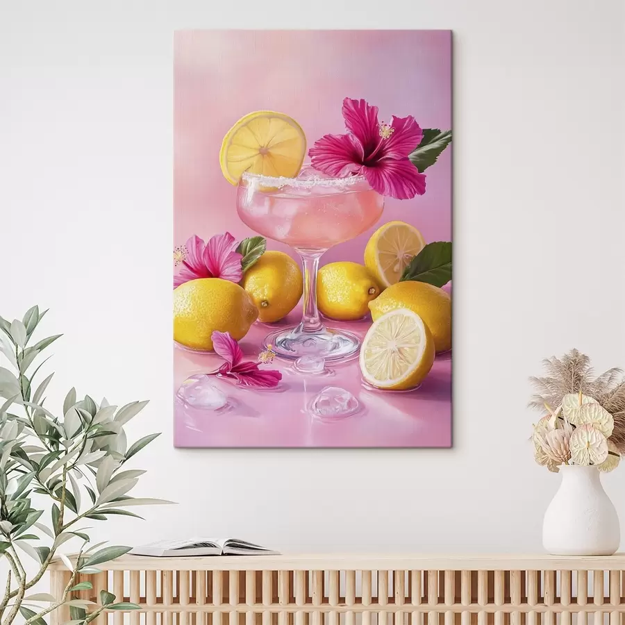 murales de pared Cóctel de verano con flores y limones, colores rosados, estilo acuarela s43895