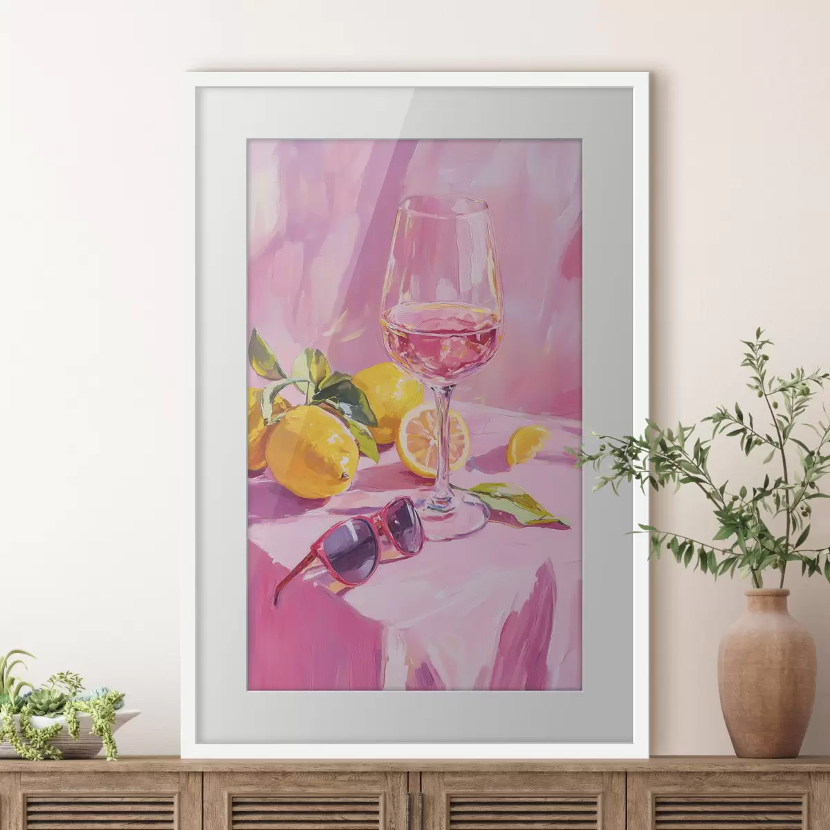 Poster Copa de vino con limones, gafas de sol, abstracción, dibujo al óleo, colores rosas f43883