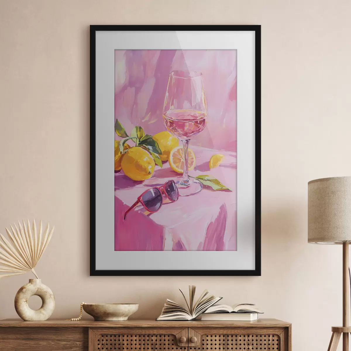 Poster Copa de vino con limones, gafas de sol, abstracción, dibujo al óleo, colores rosas f43883
