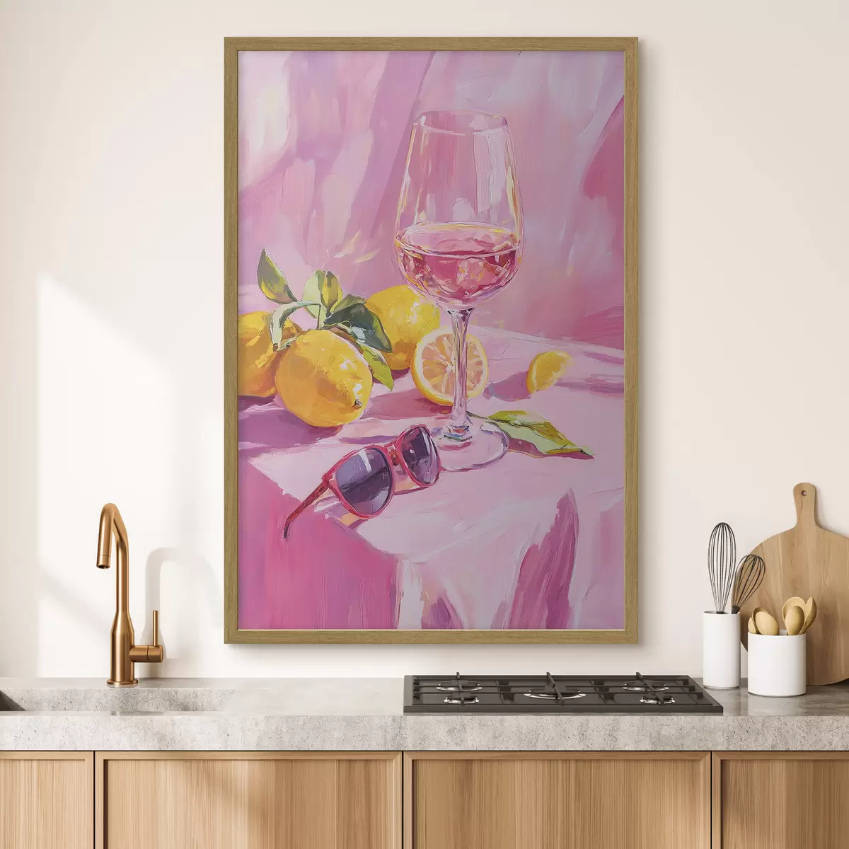 Poster Copa de vino con limones, gafas de sol, abstracción, dibujo al óleo, colores rosas f43883