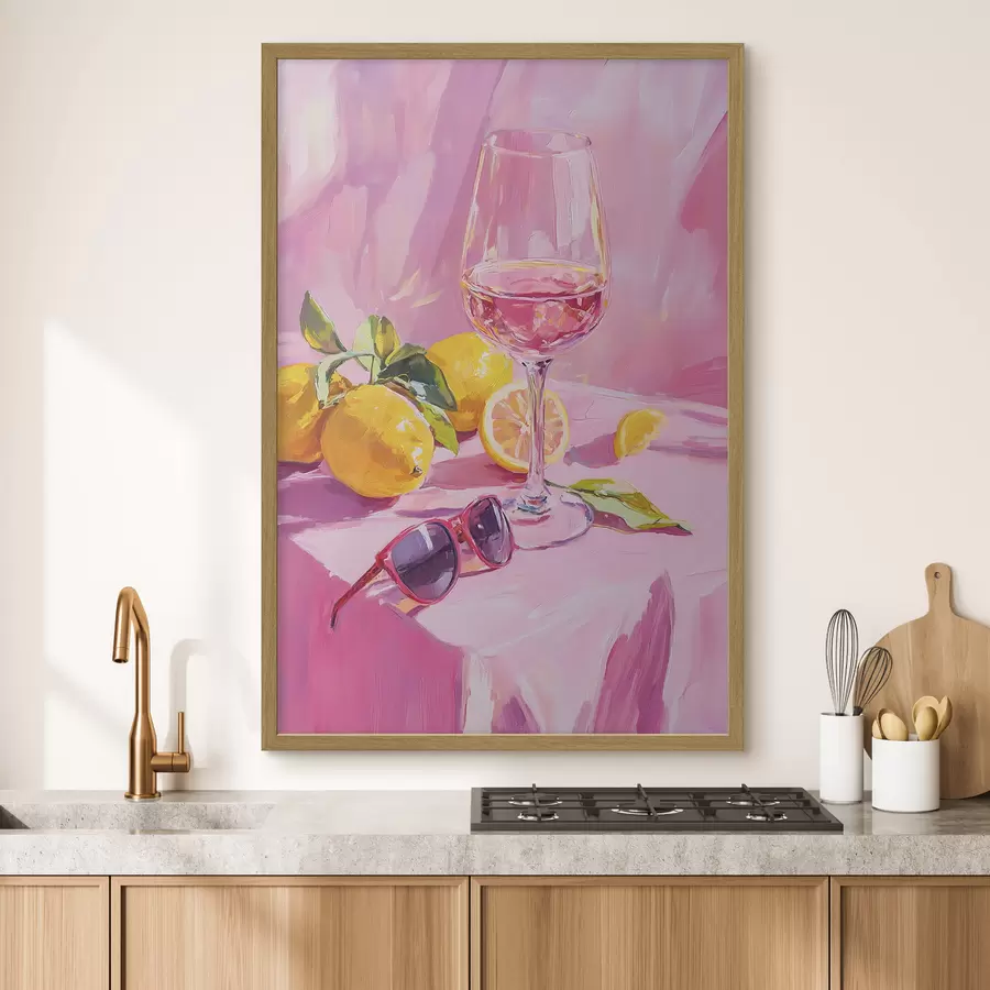 murales de pared Copa de vino con limones, gafas de sol, abstracción, dibujo al óleo, colores rosas f43883