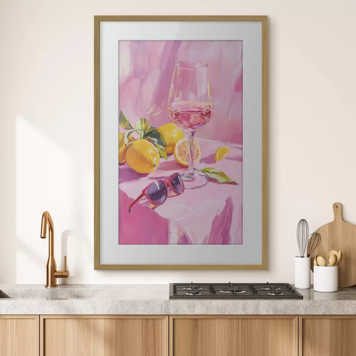 Poster Copa de vino con limones, gafas de sol, abstracción, dibujo al óleo, colores rosas f43883