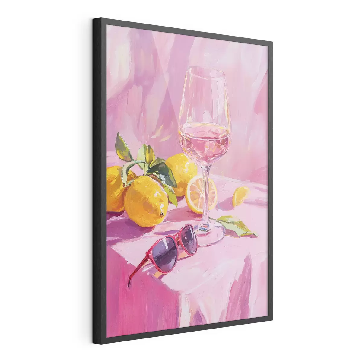 Poster Copa de vino con limones, gafas de sol, abstracción, dibujo al óleo, colores rosas f43883