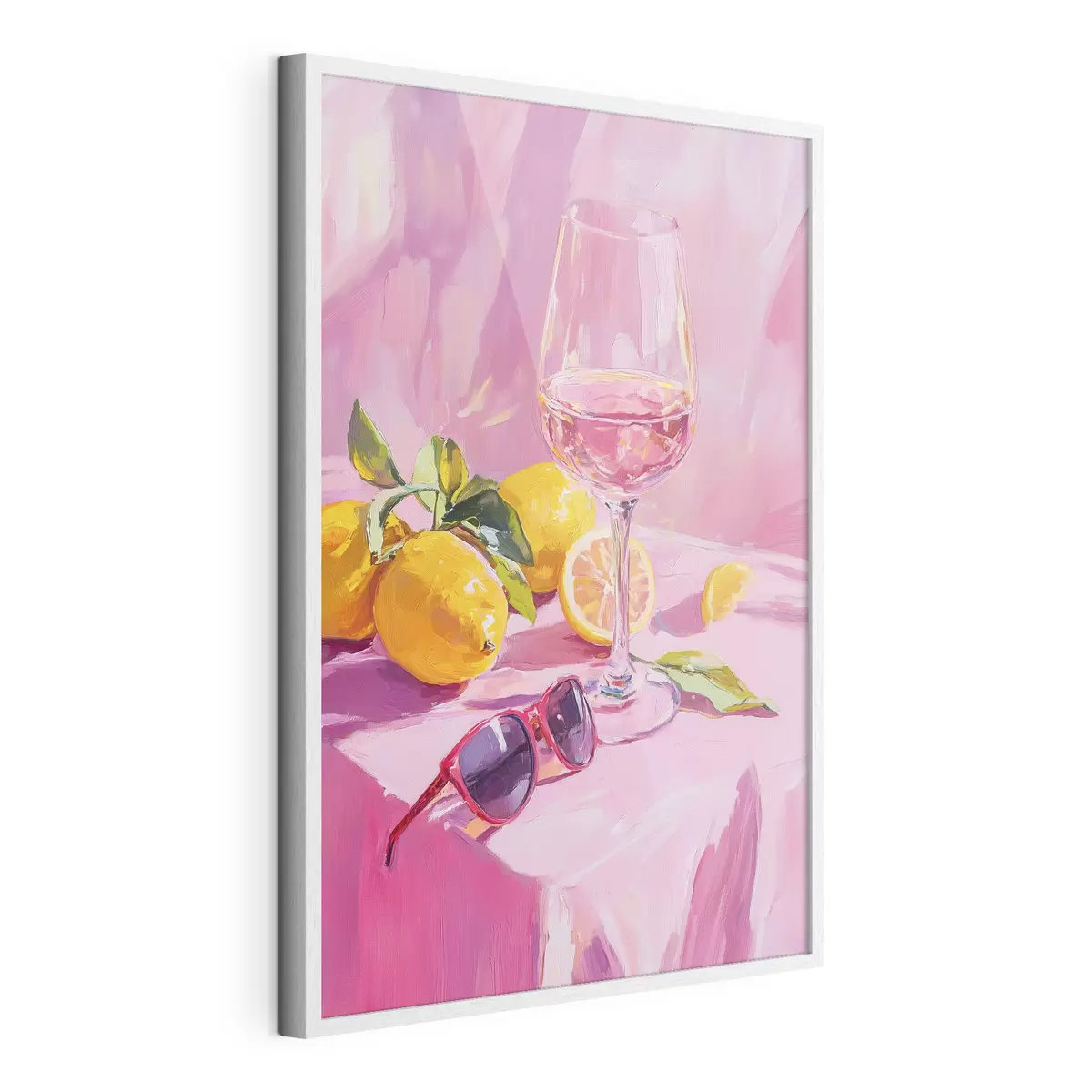 Poster Copa de vino con limones, gafas de sol, abstracción, dibujo al óleo, colores rosas f43883