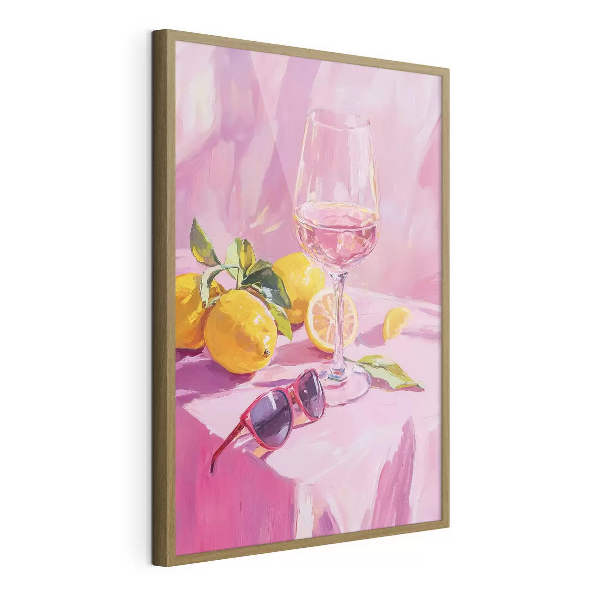 Poster Copa de vino con limones, gafas de sol, abstracción, dibujo al óleo, colores rosas f43883