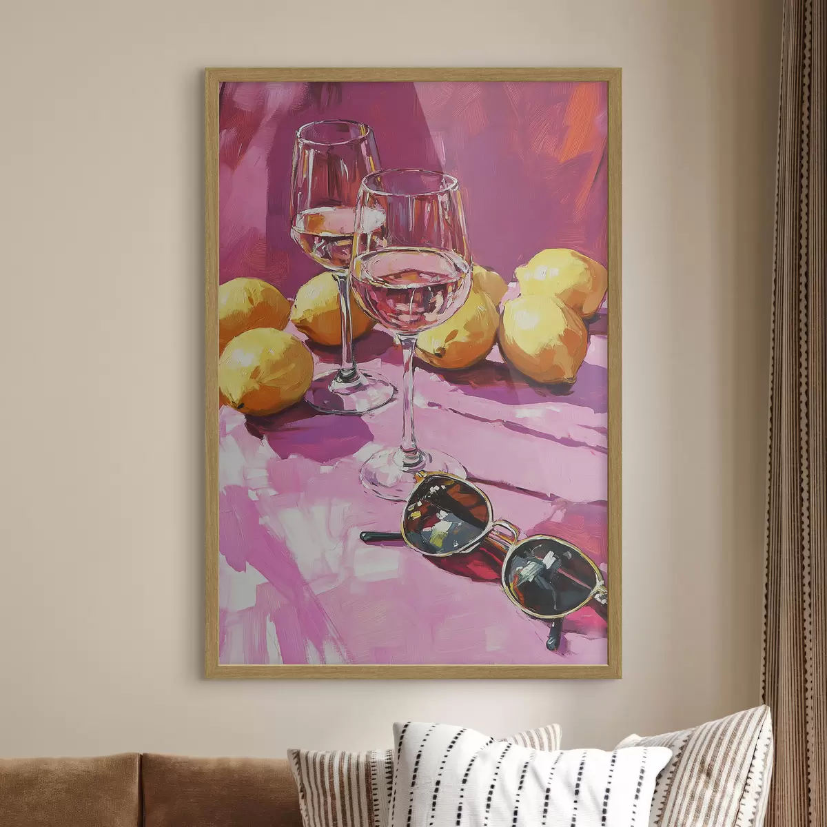 Poster Abstracción al óleo con vasos de bebida, limones y gafas de sol f43884