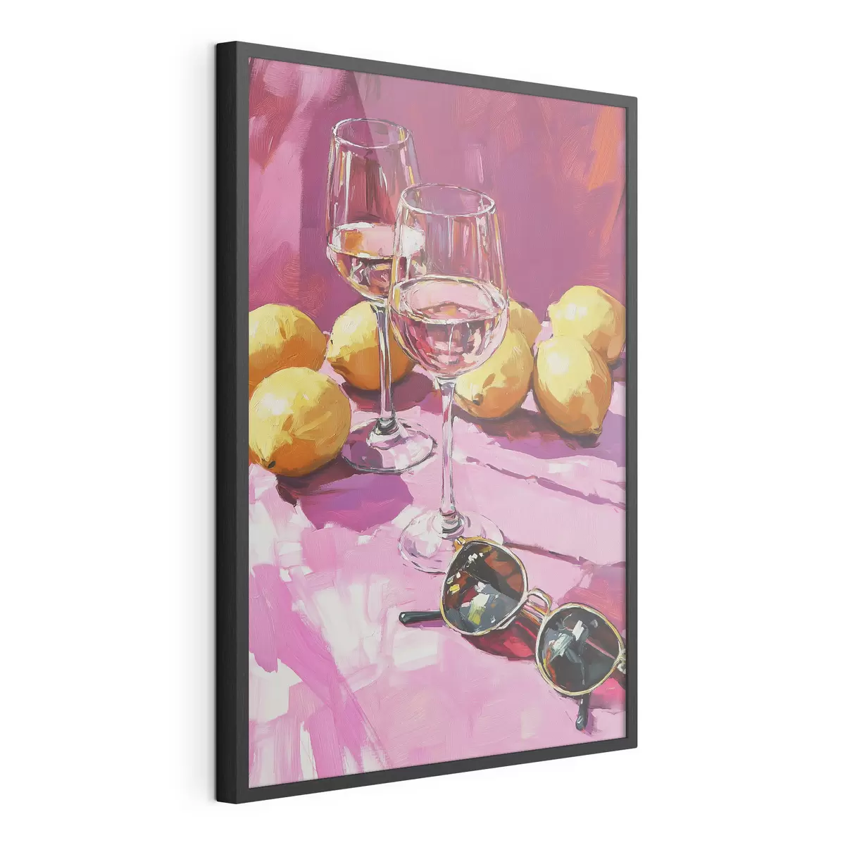 Poster Abstracción al óleo con vasos de bebida, limones y gafas de sol f43884