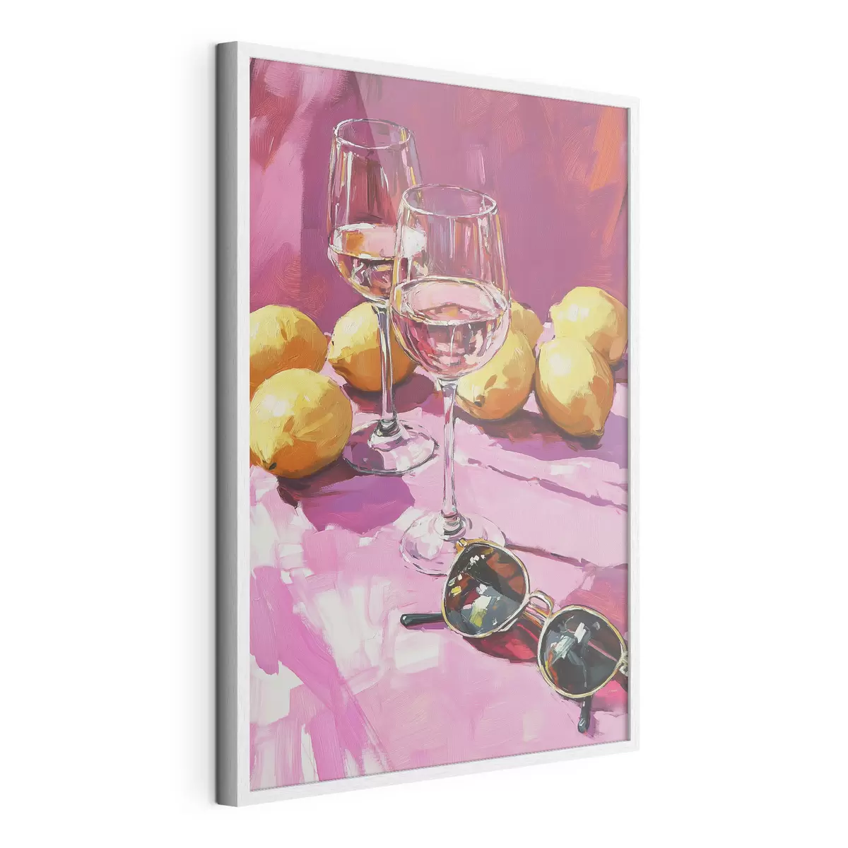 Poster Abstracción al óleo con vasos de bebida, limones y gafas de sol f43884
