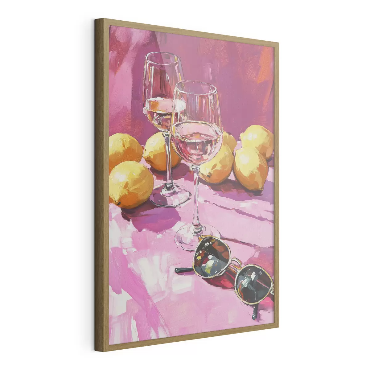 Poster Abstracción al óleo con vasos de bebida, limones y gafas de sol f43884
