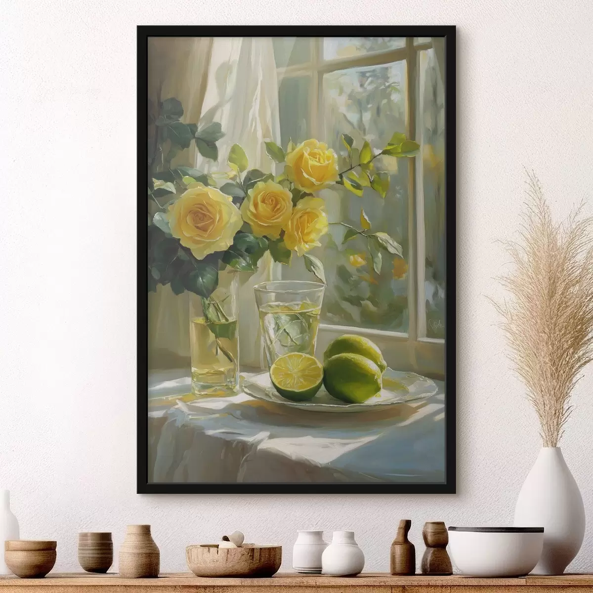 Poster Hermosas rosas amarillas en el jarrón cerca de la ventana, agua con limas f43886