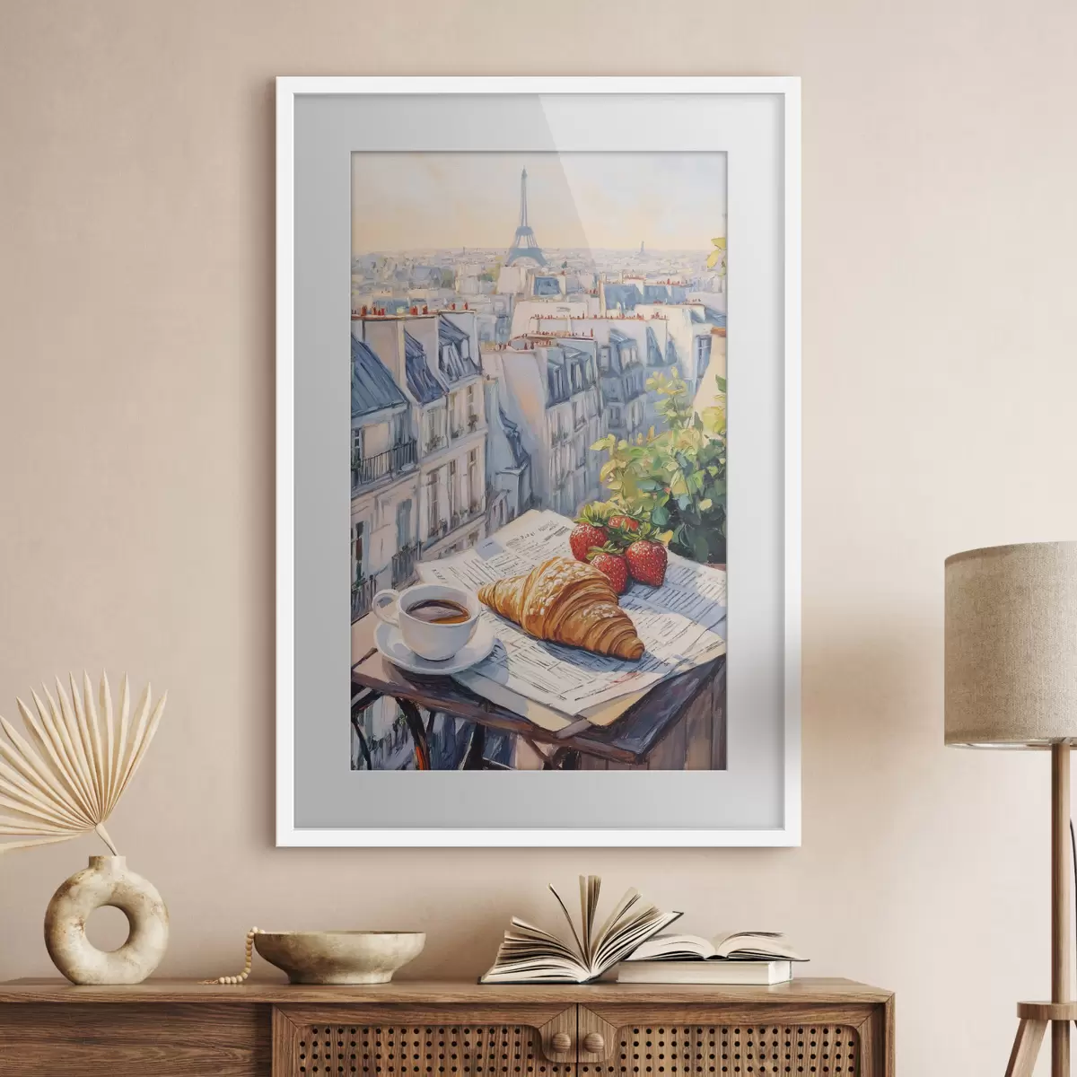 Poster Amanecer en el balcón de París, Torre Eiffel, fresas, café, diario f43890