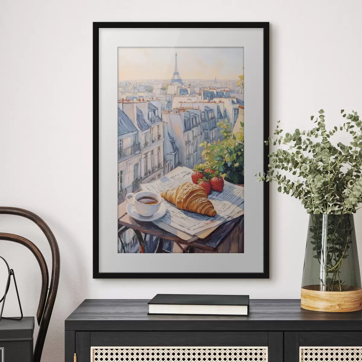 Poster Amanecer en el balcón de París, Torre Eiffel, fresas, café, diario f43890