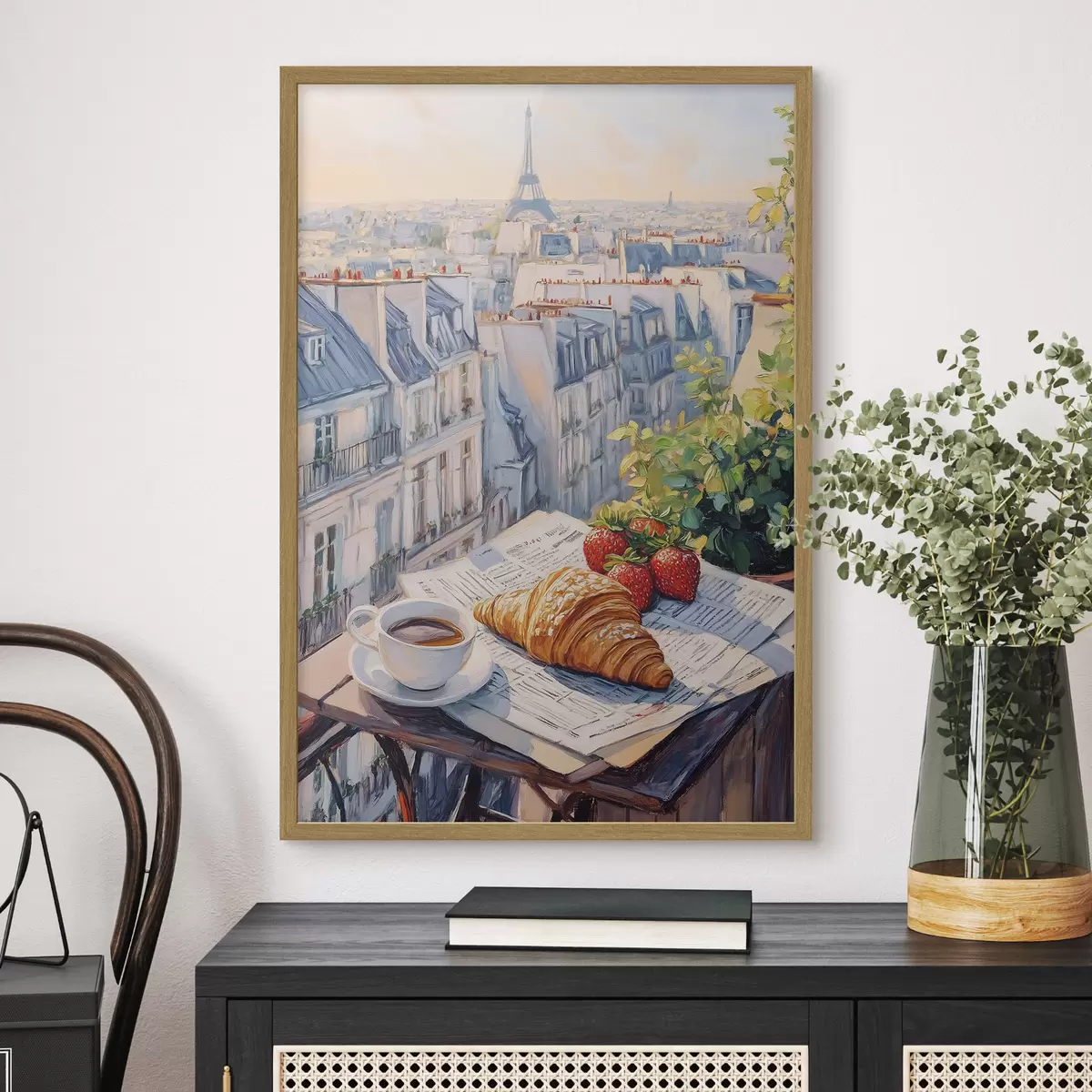 Poster Amanecer en el balcón de París, Torre Eiffel, fresas, café, diario f43890