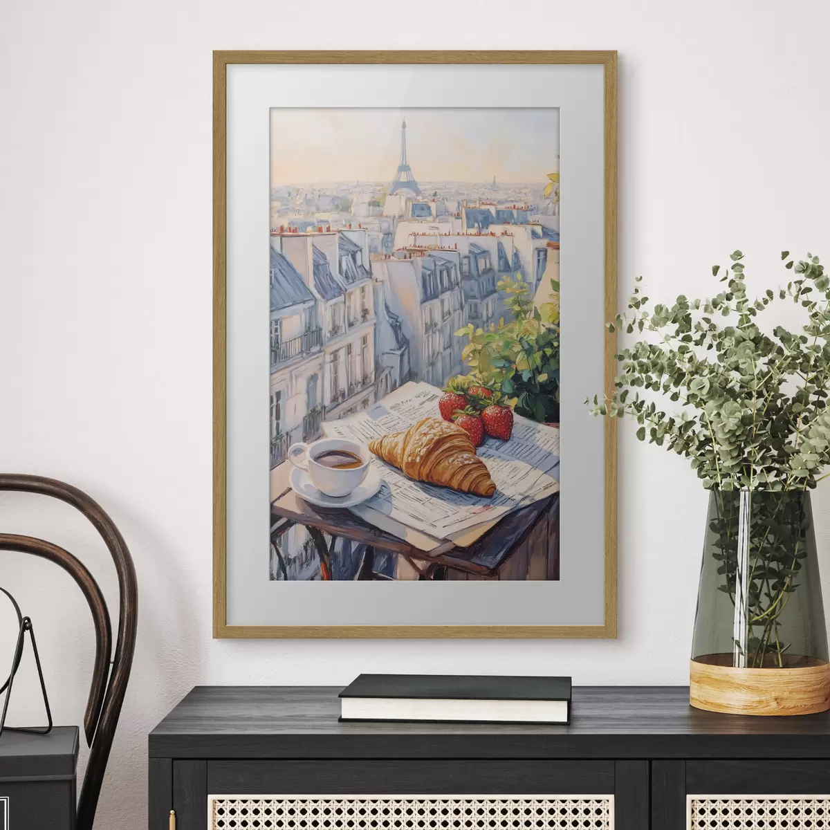 Poster Amanecer en el balcón de París, Torre Eiffel, fresas, café, diario f43890