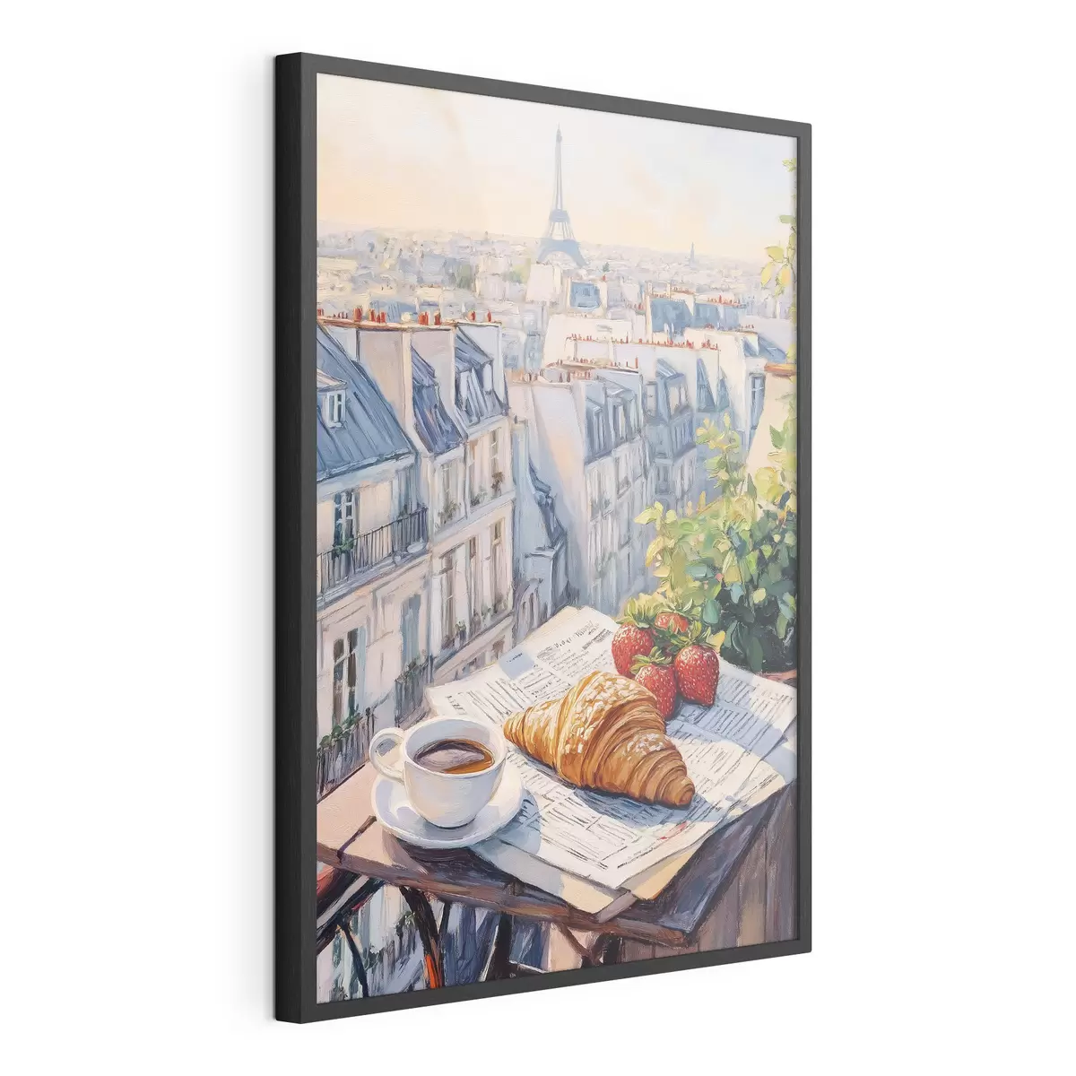 Poster Amanecer en el balcón de París, Torre Eiffel, fresas, café, diario f43890
