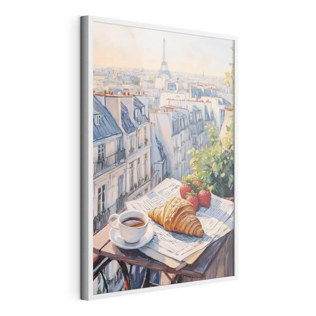 Poster Amanecer en el balcón de París, Torre Eiffel, fresas, café, diario f43890