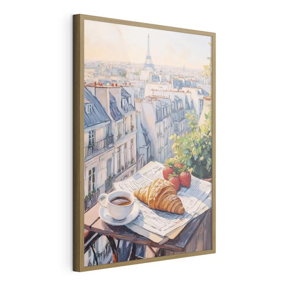 Poster Amanecer en el balcón de París, Torre Eiffel, fresas, café, diario f43890