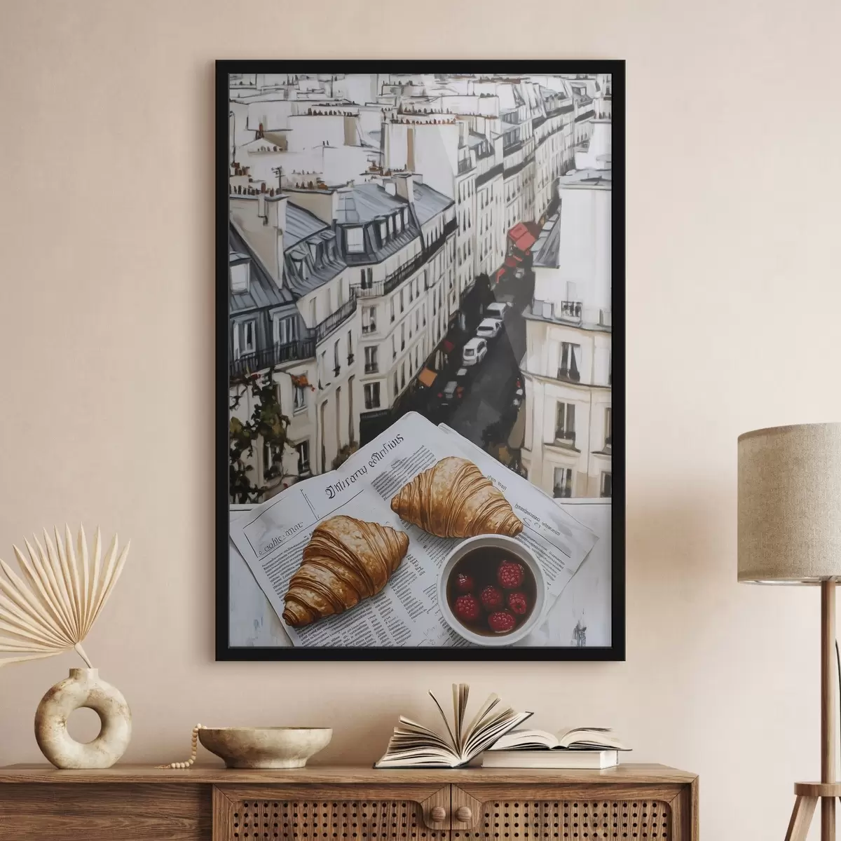 Poster Café de la mañana con croissants, calle de la ciudad, arquitectónico, estilo óleo f43891
