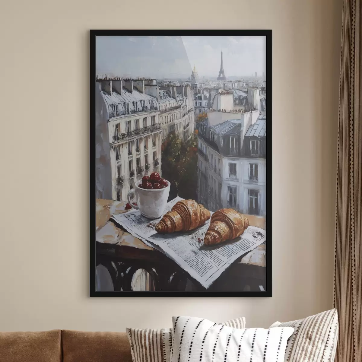 Poster París por la mañana, café con croissants, vista de la ciudad, dibujo al óleo f43892