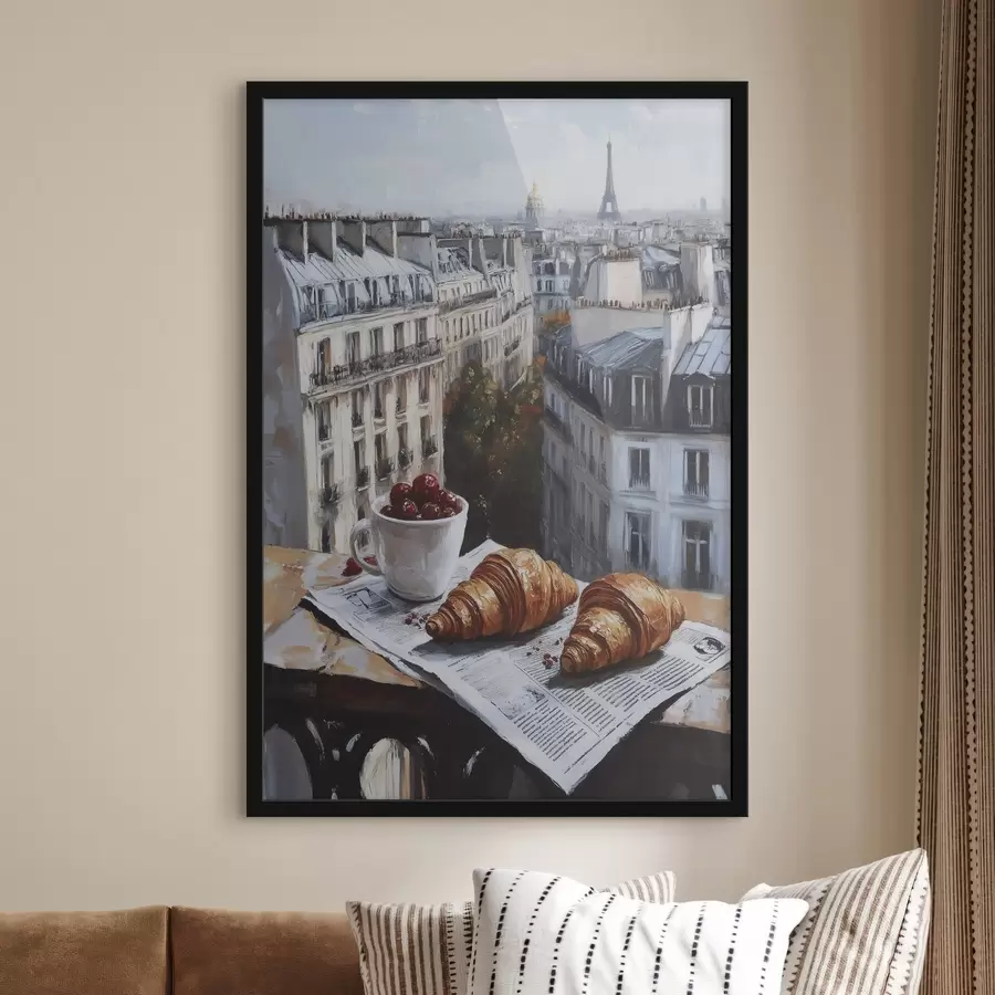 murales de pared París por la mañana, café con croissants, vista de la ciudad, dibujo al óleo f43892