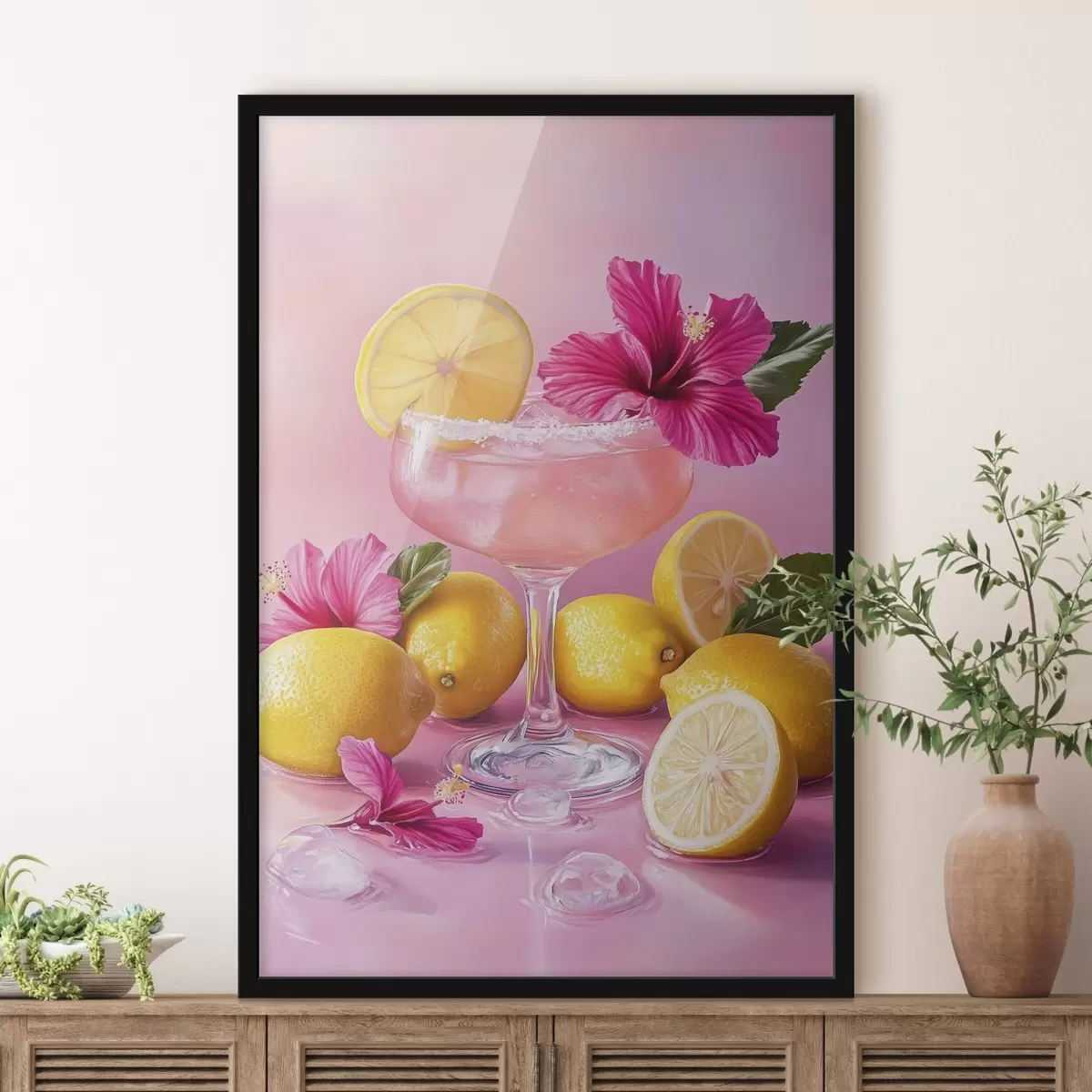 Poster Cóctel de verano con flores y limones, colores rosados, estilo acuarela f43895