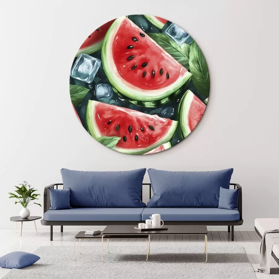 murales de pared Rodajas de sandía con cubitos de hielo y menta, estilo acuarela r43880