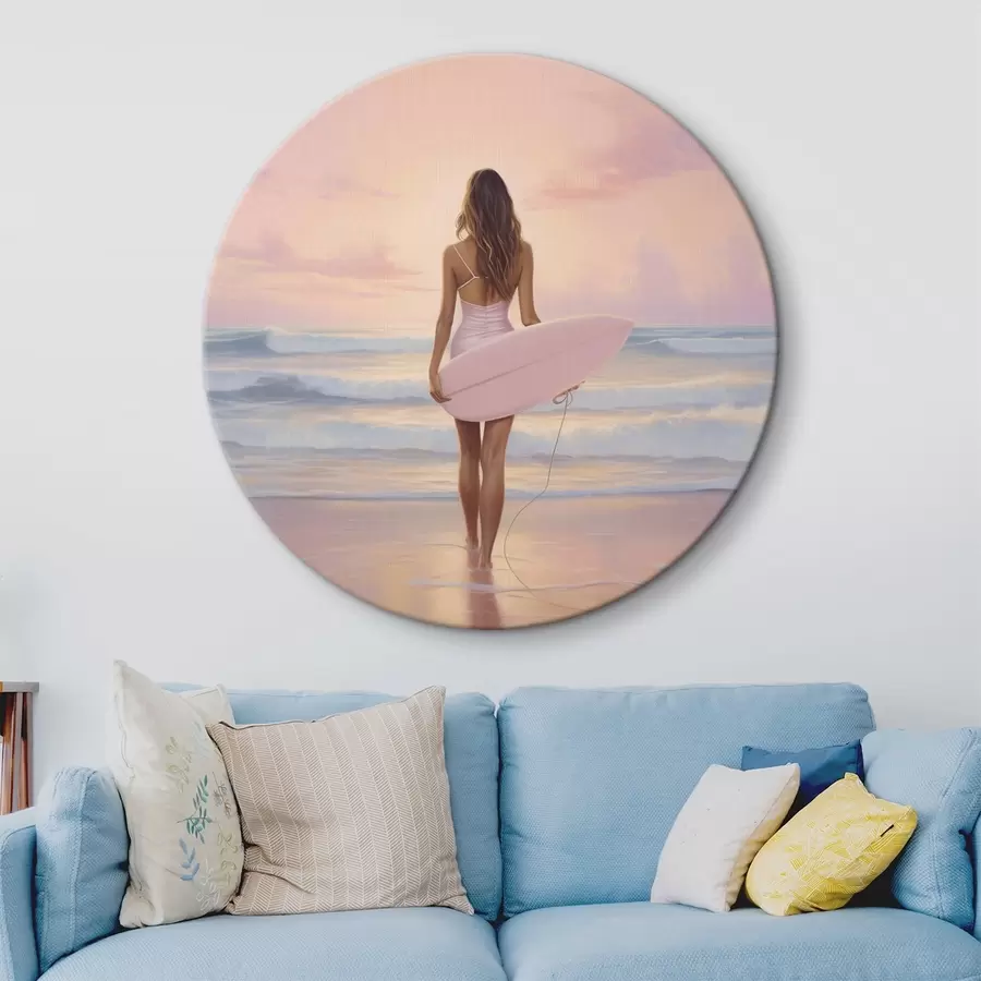 murales de pared Chica con tabla de surf en la playa del océano, puesta de sol, dibujo estilo acrílico r43881