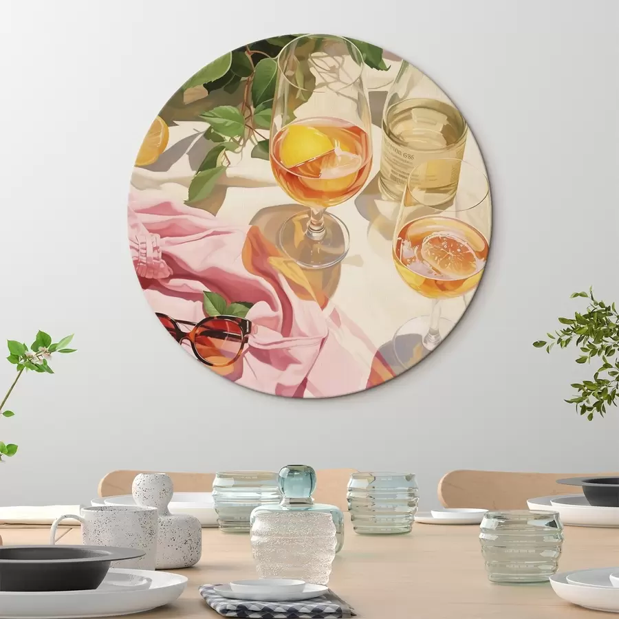 murales de pared Verano, copas con champán, plantas verdes, colores cálidos r43885